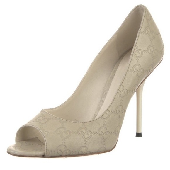 Gucci Shoes - Gucci Womens GG Logo Leather Heels Size 10 Peep Toe Ivory Going Out Wedding